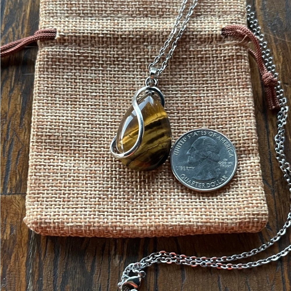 Tigers Eye Necklace Tigers Eye Pendant with Stainless Steel Chain - Picture 2 of 3